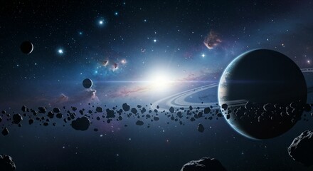 Fototapeta premium Panoramic View of Distant Planets and Asteroid Belt in the Depths of Outer Space with a Stunning Galactic Background