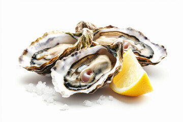 Naklejka premium Freshly shucked raw oysters on the half-shell garnished with lemon wedges and sea salt for a delightful seafood experience