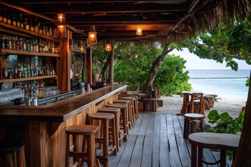 Fototapeta premium Beach bar offering stunning ocean views in tropical paradise