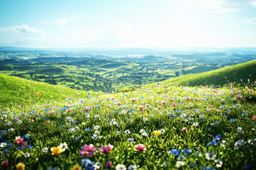 Obraz premium Vibrant wildflowers bloom across rolling green hills under a bright blue sky