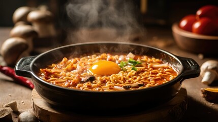 A classic Korean noodle pot featuring spicy instant noodles with egg yolk, chili, mushrooms, and kimchi, served with steam rising.