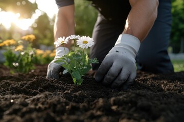 Fototapeta premium In a sun-drenched garden, a gardener using gloves tends to freshly planted daisies, representing the joy and care involved in cultivating beautiful blooms.