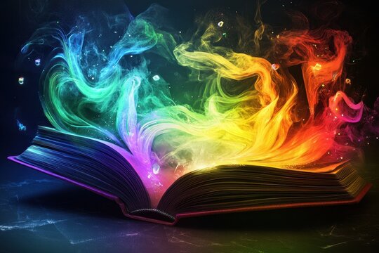 Colorful Holographic Energy Emanating from an Open Book with a Vibrant Swirl Effect Representing Imagination and Knowledge in a Dark Background - Powered by Adobe