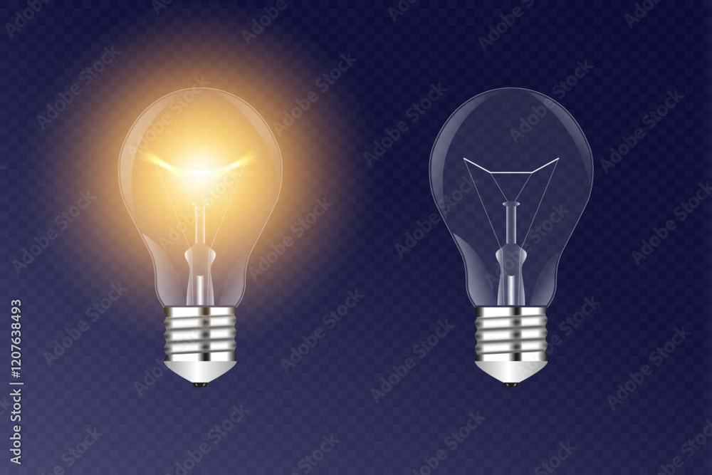 Poster realistic light bulb. turned on and off electric light bulb or lamp at transparent background. vecto