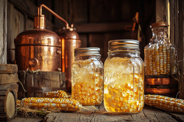 Rustic mason jars filled with clear moonshine on a wooden table surrounded by copper distilling equipment