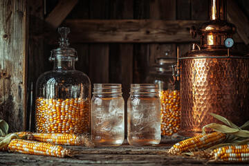 Rustic mason jars filled with clear moonshine surrounded by corn and a distillery setup in a cozy wooden barn