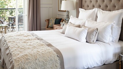 Elegant hotel room with plush bed white linens and natural light