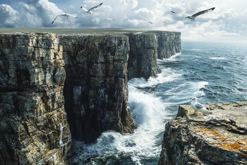 Serene coastal cliffs with seagulls soaring over turbulent waves under a dramatic sky