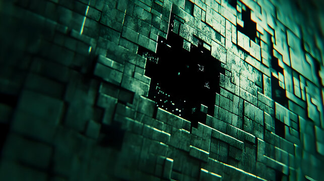 Crumbling digital wall, dark background, data breach concept