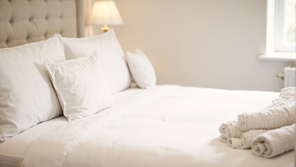 Cozy hotel suite with fresh white linens soft pillows warm neutrals and inviting soft light
