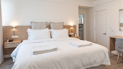 Modern hotel room with double bed soft duvet and ambient lighting