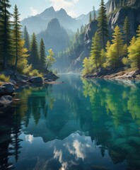 Clear blue water reflecting off the surface of a calm lake amidst dense forest in the mountains, serenity, reflection