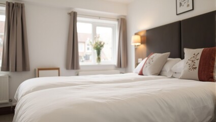 Inviting hotel room with plush double bed and modern decor