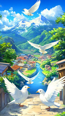 Mountain village doves peace serenity artwork
