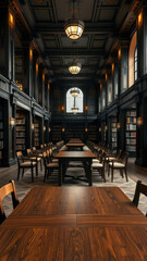 Fototapeta premium Classy wooden tables and chairs arranged in a library reading area, literature, books