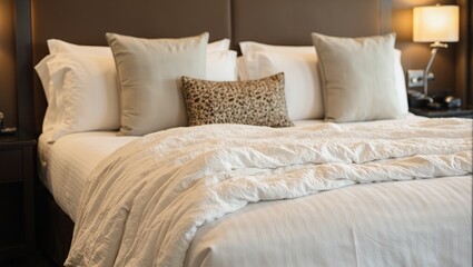 Luxurious suite with fresh white bedding and golden lighting