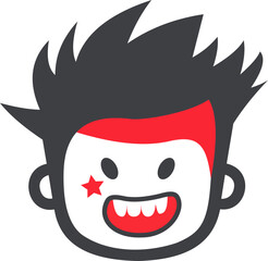 Vector  punk rock character with spiky black hair, red face paint, playful grin, symbolizing rebellion and energy