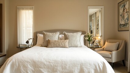 Luxurious suite with fresh white bedding and golden lighting