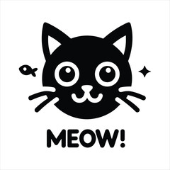 Black cat face vector logo icon, simple flat design on a white background, no shadow under the head of the black, cute kitten, vector illustration style, simple line art, symmetrical composition, logo