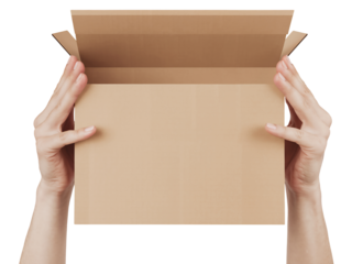 Hands Holding an Open Empty Cardboard Box Against White Background