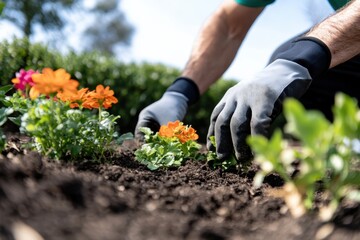 A gardener’s hands carefully plant vibrant flowers in rich soil, representing the nurturing spirit of gardening and the beauty of cultivating floral life in gardens.
