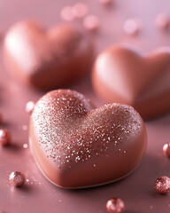 Obraz premium A close-up of heart-shaped chocolate covered in delicate pink glitter, placed on an elegant pink background. Valentine and Mother's day card
