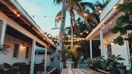 old coconut tree in the front yard, with hanging string lights around the trunk, tropical plants, and white walls on either side of the house