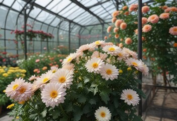 Chrysanthemum blooms on a trellis in a lush greenhouse, vertical garden, chrysanthemum, horticultural