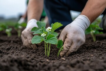 A dedicated gardener carefully plants strawberry seedlings in rich soil, signifying the hard work and passion required to cultivate fresh produce in home gardens.