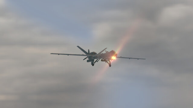 Army drone flying in sky . Unmanned combat aerial vehicle.