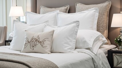 Sumptuous bed in stylish hotel room with high end linens cozy textures and modern decor