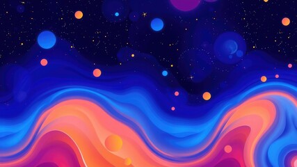 Obraz premium Abstract Cosmic Waves Vibrant Blue, Pink, and Orange Celestial Landscape with Scattered Planets and Stars