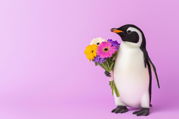 Fototapeta premium A cute penguin holding a bouquet of flowers, set against soft purple flat background. The design includes ample blank space, making it perfect for Women's Day, Mother's Day, or a gift card.