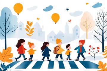 Naklejka premium A flat 2D illustration of a zebra crossing in a quiet neighborhood, with children playing nearby on a sunny day
