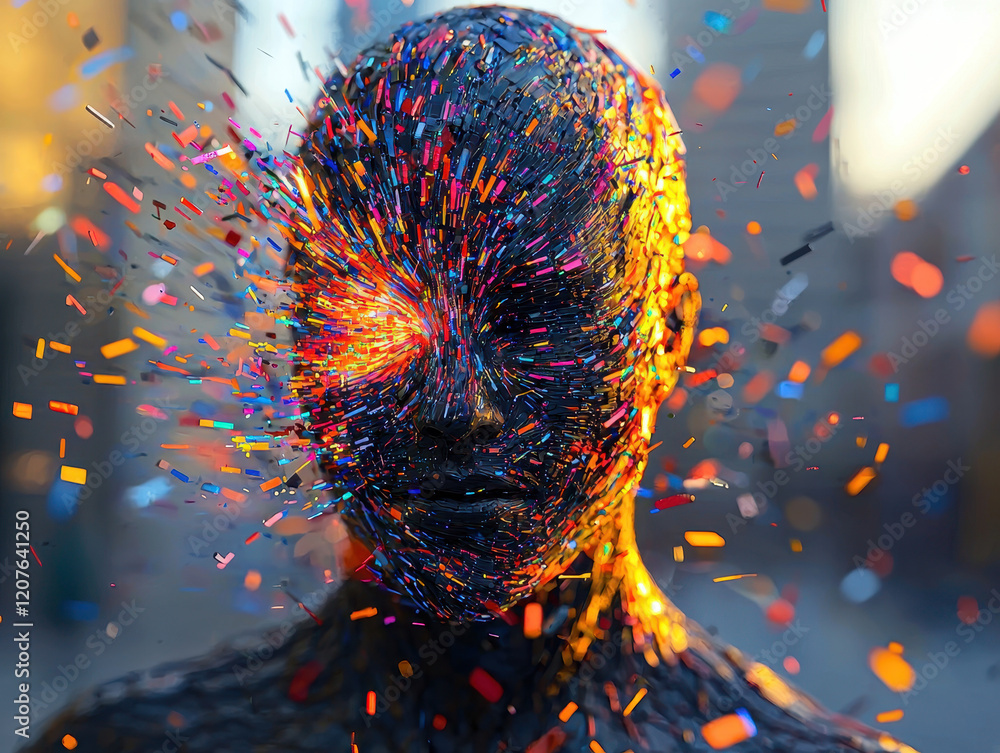 Aufkleber human figure embodies streams of colorful data illustrating information overload with distorted feat