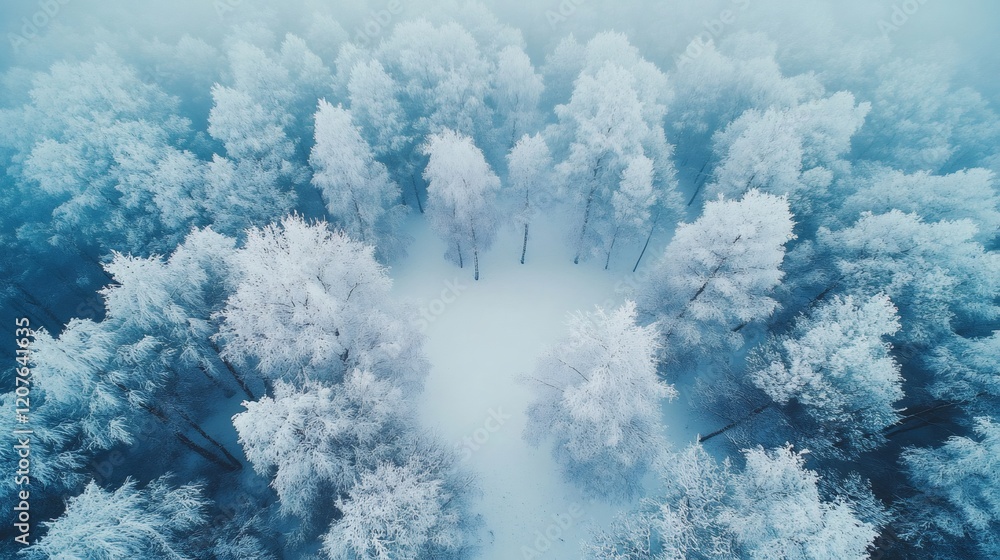 Poster snowy forest covered in fog creating magical winter wonderland from above