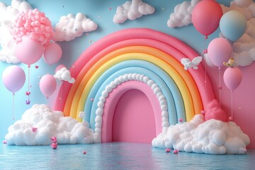 3D cartoon-style rainbow with fluffy clouds and floating balloons in a cheerful sky.