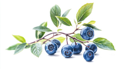 Fresh blueberries on a branch with green leaves against a white background