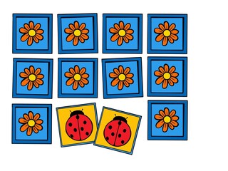ute illustration of a memory card game designed for children, featuring colorful ladybugs on the front side and a flower pattern on the back. The playful and engaging design is ideal for kids, combini