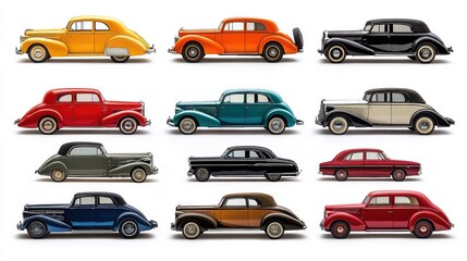 Fototapeta premium A collection of classic vintage cars in different colors and models isolated on a white background 