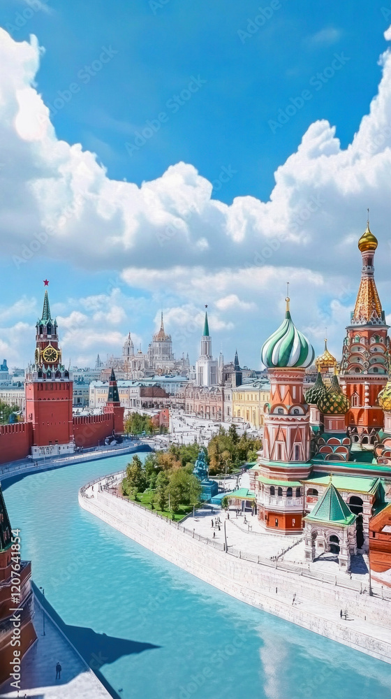 Wall mural Saint basil's cathedral and spasskaya tower rising over moscow skyline on sunny day