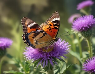 Obraz premium butterfly sipping nectar from the center of a thistle violet, nature photography, thistle violet
