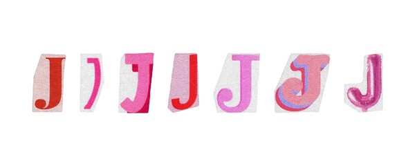 Letter J, barbiecore set of cut-out elements from magazines on a white background, cute retro y2k ransom style