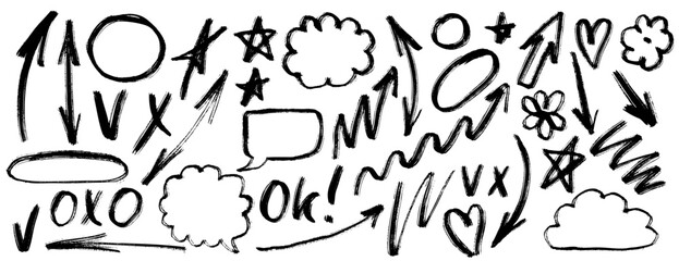 Hand drawn doodle design elements, black on white background. Swishes, swoops, emphasis, Arrow, crown, brush stroke. doodle sketch design elements.