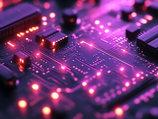 Obraz premium Glowing purple circuit board close-up.