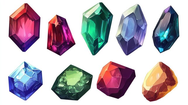A collection of colorful gemstones like emerald, ruby, and sapphire, isolated on a white background 