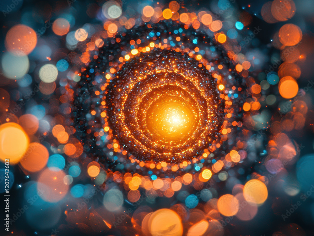 Poster streams of multicolored digital particles flow in a spiral pattern towards a glowing central sphere,