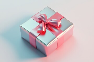 A silver box with a pink bow on top