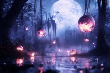 Fototapeta premium A gothic-style depiction of a mangrove forest in Zanzibar at dusk, with eerie shadows and glowing orbs of light hovering over still waters