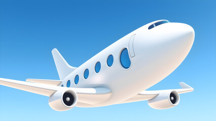 Fototapeta premium Flying plane icon. Cute, cartoon 3d realistic white airplane with blue portholes, perspective view. Vector illustration. Generative AI